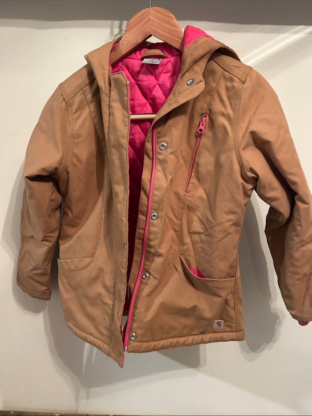 Carhartt Kids Tan Hooded Puffer Jacket with Pink Lining